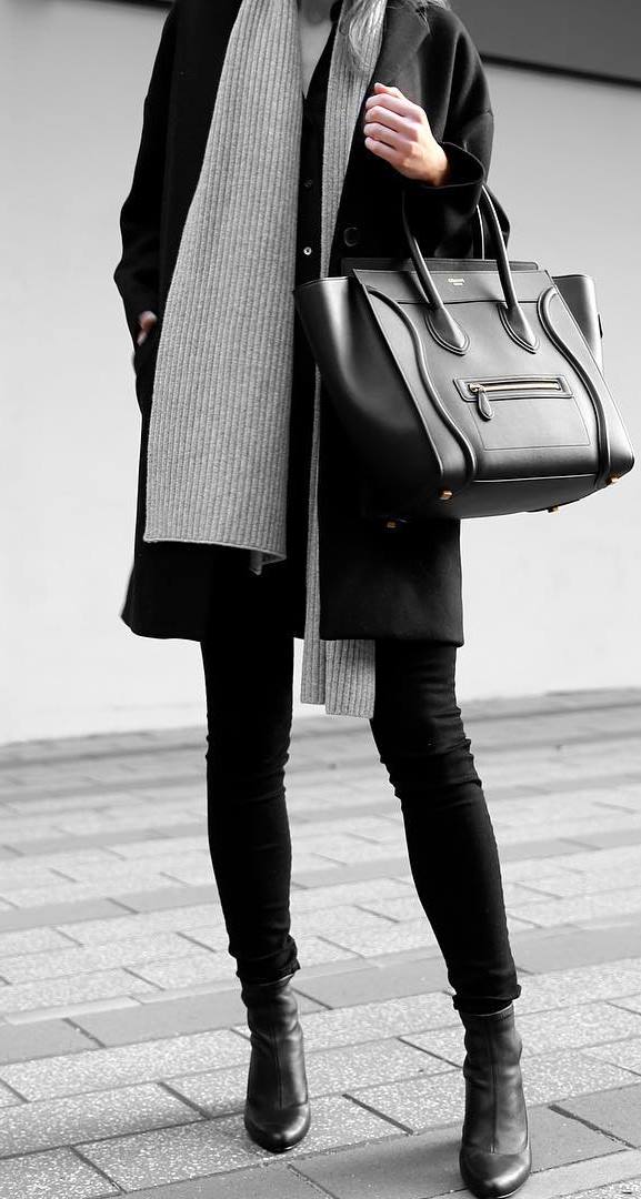 fashionable fall outfit : scarf + bag + coat + top + bag + skinnies + boots