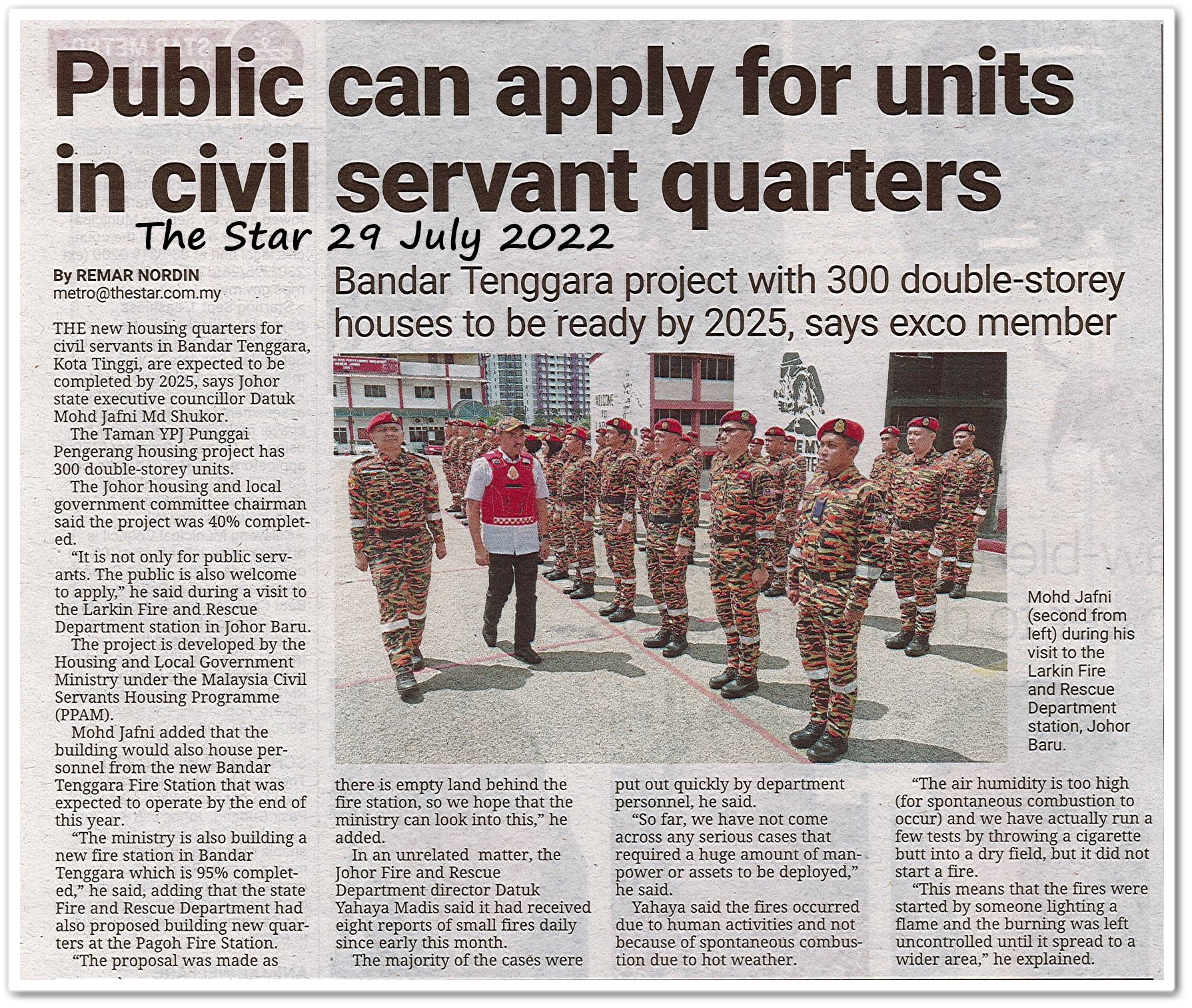 Public can apply for units in civil servant quarters ; Bandar Tenggara project with 300 double-storey houses to be ready by 2025, says exco member - Keratan akhbar The Star 29 July 2022