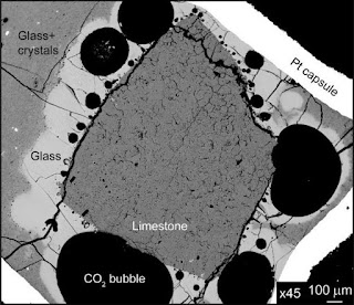 Imagen de experimento donde se muestran las burbujas de CO2 liberadas cuando el magma entra en contacto con piedra caliza
