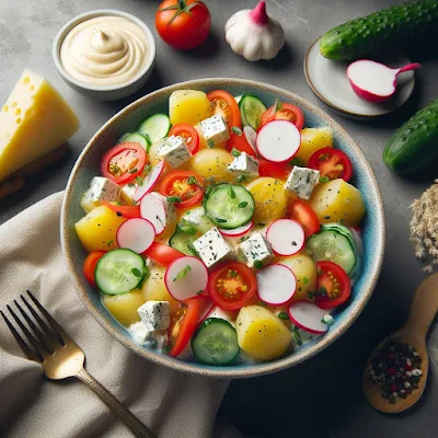 Auf dem Bild ist eine Schale mit vegetarischem Kartoffelsalat mit Schafskäse zu sehen. Die Pellkartoffeln sind vermischt mit roten Radieschen, grünen, gelben und roten Paprika, grünen Frühlingszwiebeln, gekochten Eiern, grüner Salatgurke und weißer Sour Cream. Der Salat sieht sehr gesund, lecker und appetitlich aus.