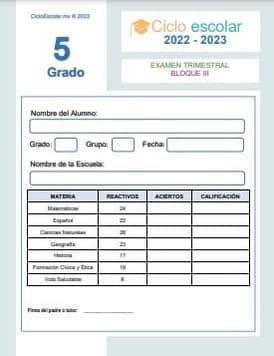 Examen Trimestral Quinto grado Bloque 3 2022-2023