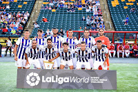 REAL VALLADOLID C. F. Temporada 2019-20. Rubén Alcaraz, Waldo, Joaquín, Sergi Guardiola, Kiko Olivas y José Antonio Caro; Nacho, Javi Moyano, Aguado, De Frutos y Óscar Plano. CARDIFF CITY F. C. 1 (Bogle) REAL VALLADOLID C. F 1 (Fede Barba). 20/07/2019. Partido amistoso. Edmonton, Canadá, Commonwealth Stadium.