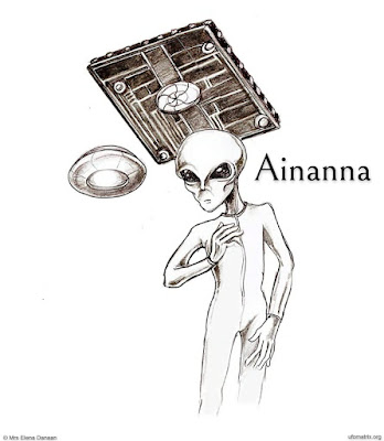 Artistic depiction of an Ainanna humanoid standing against a backdrop of their oval-shaped spaceship