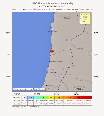 Epicentro sismo 5,7 grados en Norte de Chile, el 17 de Diciembre de 2013