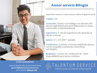 Empleos en Cali Hoy como ASESOR SERVICIO BILINGUE