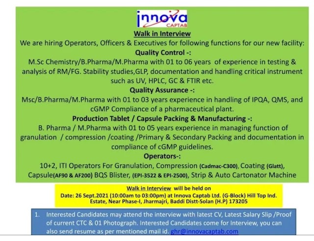 Innova Caplab | Walk-in for Production/QC/QA/Packing on 26th Sept 2021