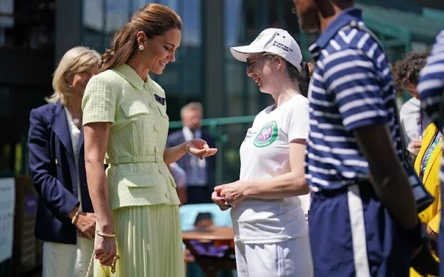 Princess of Wales wore a pastel green lime boucle collared chiffon midi dress by Self Portrait. Cassandra Goad Cavolfiore pearl earrings