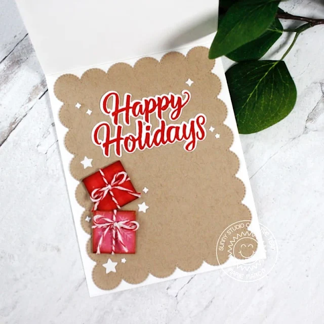 Sunny Studio Stamps: Joyful Holiday Paper Focused Holiday Card by Marie Marco (featuring Frilly Frame Dies, Holiday Greetings, Penguin Party)