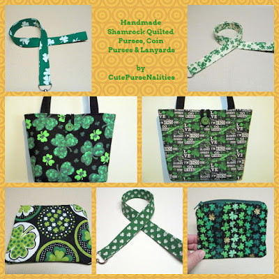 A collage of shamrocks on handmade purses, lanyards and coin purses