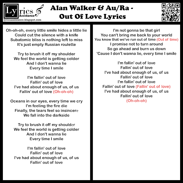 Alan Walker & Au/Ra - Out Of Love Lyrics | lyricsassistance.blogspot.com