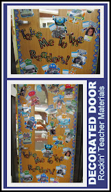 photo of: Decorated Classroom Door with Robot Theme (Rockin' Teaching Materials via RainbowsWithinReach) 