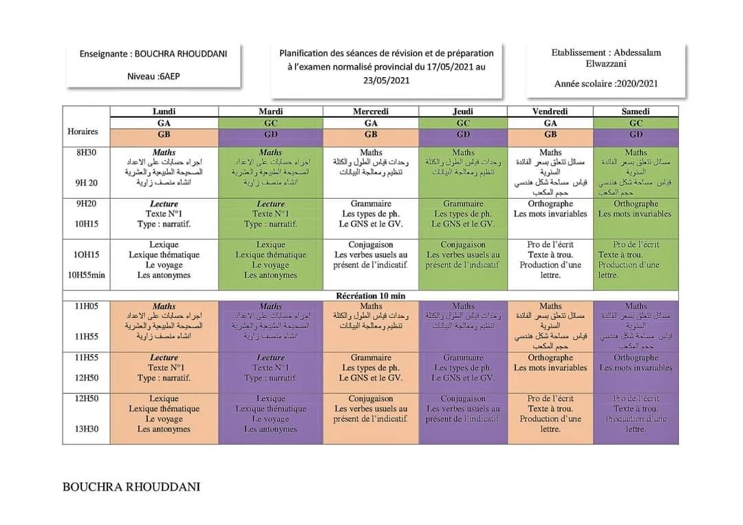 تخطيط الفترة المخصصة للدعم الرياضيات واللغة الفرنسية