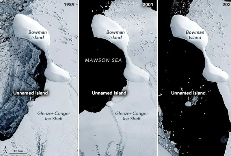 Imágen satelital de la aparente nueva isla por la desparecieron del ielo en la Antártida