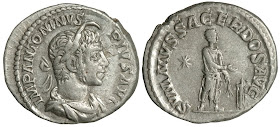 Silver denarius of Elagabalus. SVMMVS SACERDOS AVG. 221 CE. 17x19mm, 3.2g. RCV (2002) —; RIC IV 147; BMCRE —.