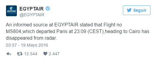 Desaparece un avión con vuelo entre París y El Cairo de los radares, vuelo  MS804 EGYPTAIR