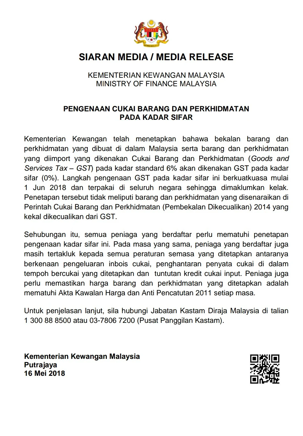 Kadar GST Dimansuhkan Berkuatkuasa 1 Jun 2018 