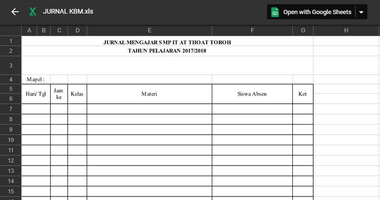 Format Jurnal Mengajar SMP IT Tahun 2017/2018 - WAWASAN 