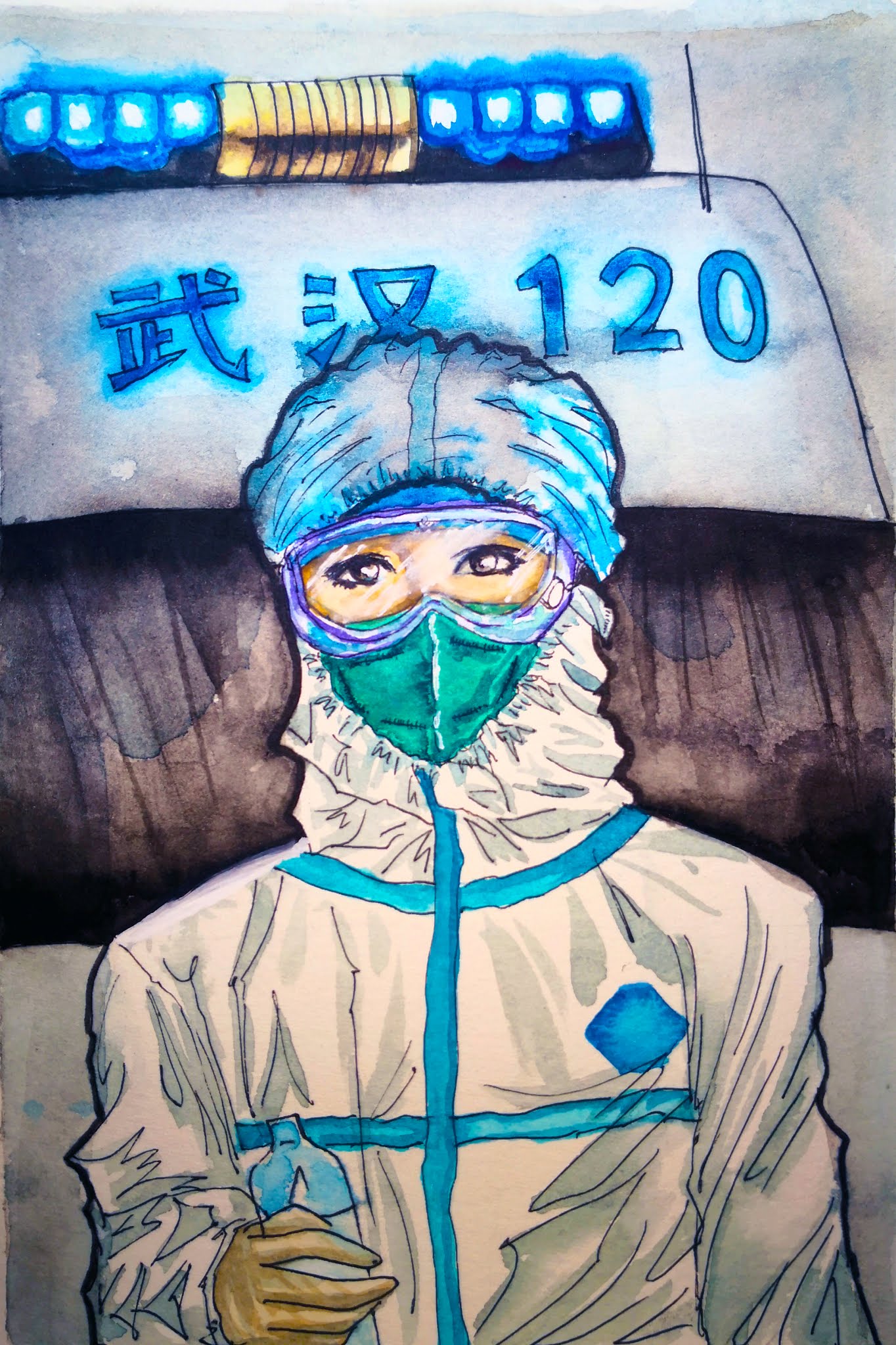 How to draw Wuhan pneumonia coronavirus, the female doctor next to protective suit 120