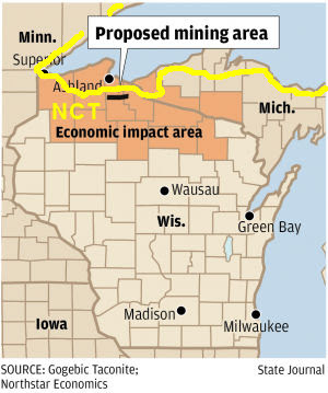 map of NCT in Wisconsin near iron deposits