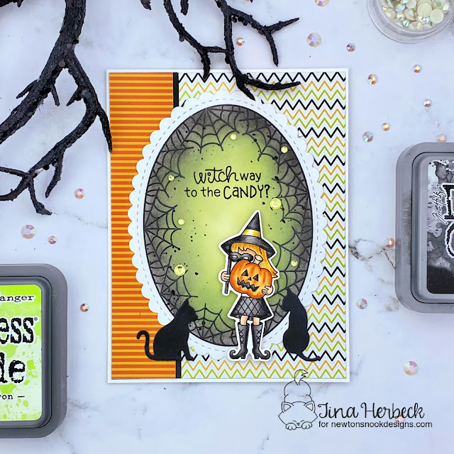 Halloween Inspiration Week | Halloween Witch Card by Tina Herbeck | Brooms & Boos Stamp Set, Spiderweb Oval Stamp Set, Oval Frames Die Set, Cat Silhouettes Die Set and Halloween Meows and Woofs Paper Pads by #newtonsnook #handmade
