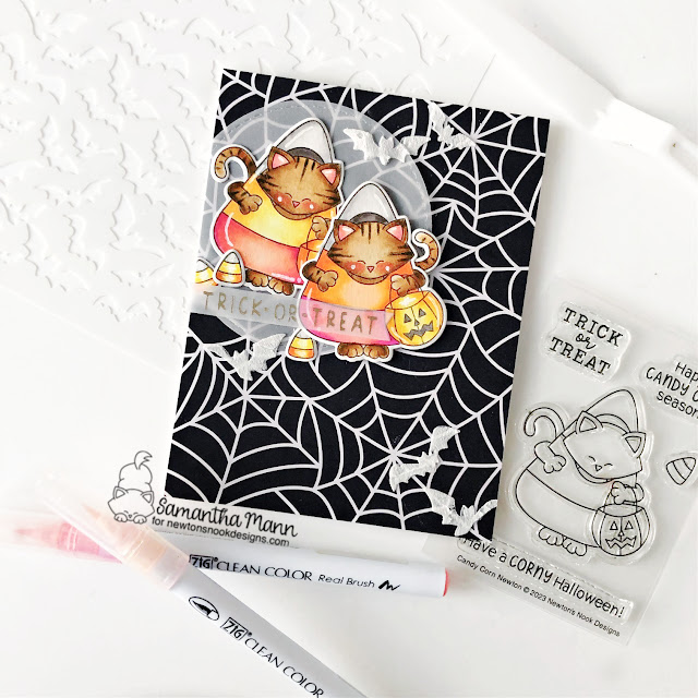 Candy Corn Cat Costume Card by Samantha Mann | Candy Corn Newton Stamp Set, Halloween Time Paper Pad Spooky Sentiments Hot Foil Plates, Flying Bats Stencil and Circle Frames Die Set by Newton's Nook Designs