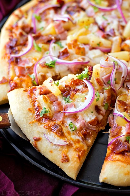 My favorite pizza crust topped with barbecue sauce, pineapple, ham, bacon and lots of cheese. This unique and flavorful Hawaiian-style bbq pizza is always a hit with our family!