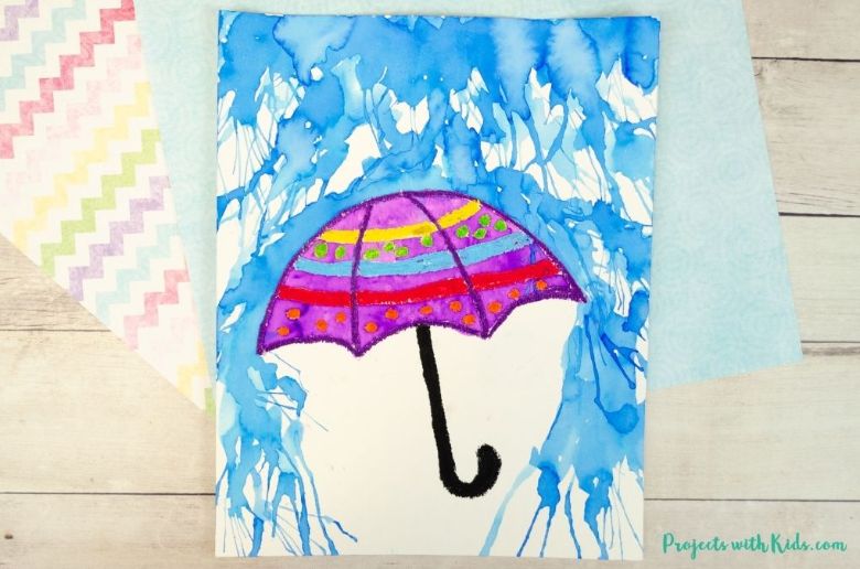 Umbrella rainy day watercolor painting for kids
