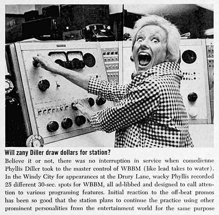 a crazy photograph of comedian Phillis Diller promoting radio station WBBM in 1963