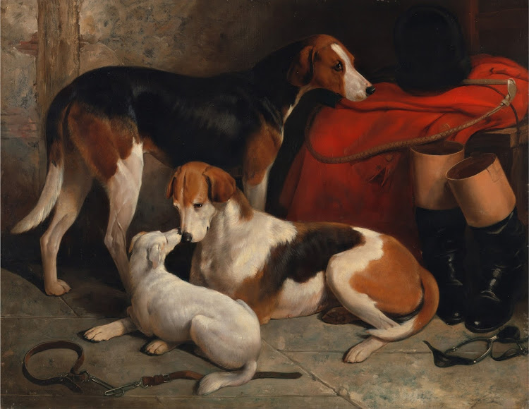 William Barraud - A Couple of Foxhounds with a Terrier, the property of Lord Henry Bentinck (c.1845)