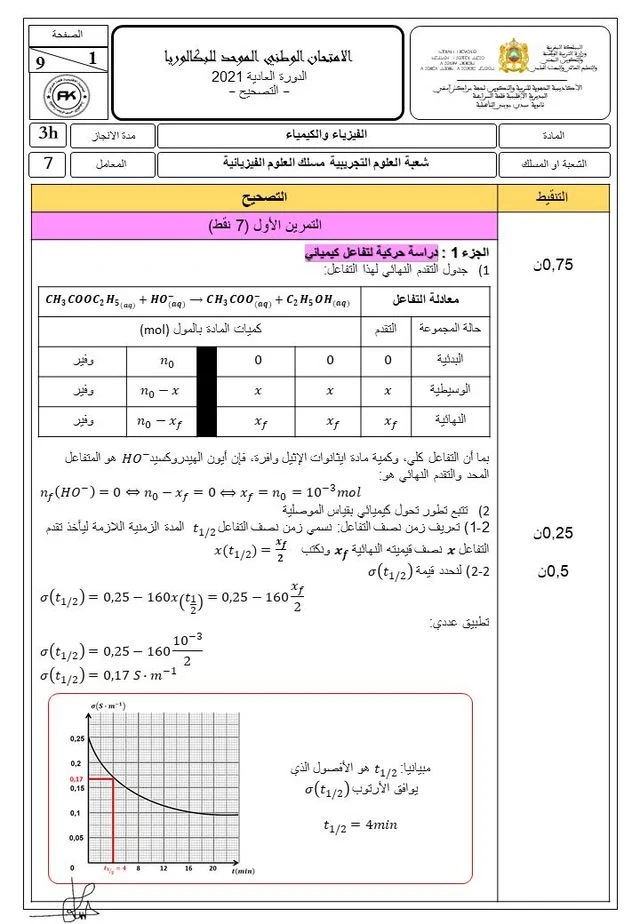 مقترح تصحيح الامتحان الوطني مادة الفيزياء و الكيمياء باكالوريا علوم فيزيائية الدورة العادية 2021