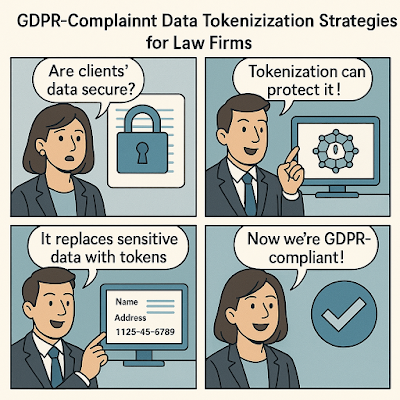 Four-panel comic titled 'GDPR-Compliant Data Tokenization Strategies for Law Firms'. Panel 1: A woman lawyer asks, 'Are clients’ data secure?' next to a lock icon. Panel 2: A male lawyer says, 'Tokenization can protect it!' pointing to a digital token diagram. Panel 3: He adds, 'It replaces sensitive data with tokens,' showing a screen with fake data. Panel 4: The woman says, 'Now we’re GDPR-compliant!' next to a checkmark.
