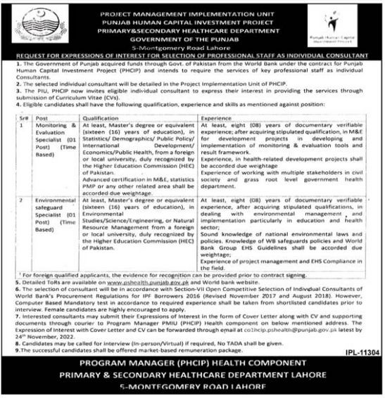 Latest Primary and Secondary Healthcare Department Management Posts Lahore 2022