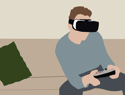 A young man wearing a VR headset works a game controller.