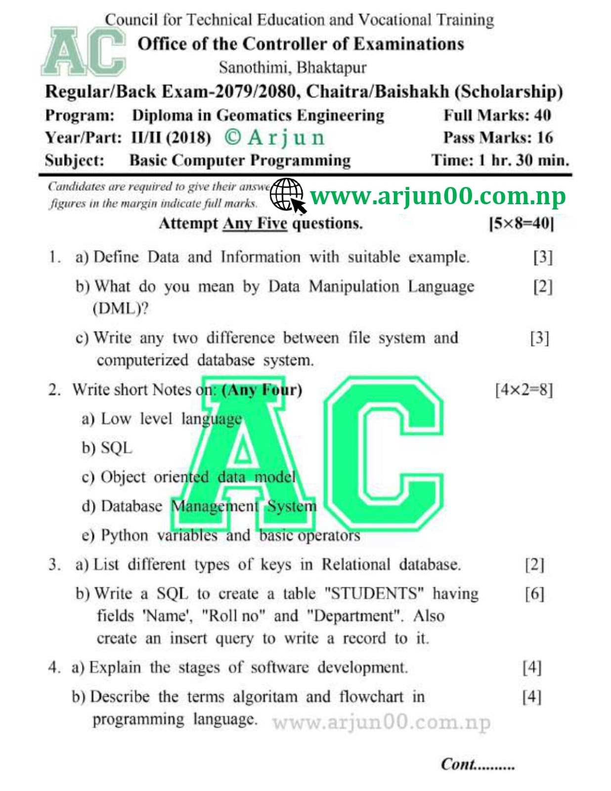 Basic Computer Programming:- 2080 to 2078  Question Paper of Fourth Semester, Diploma in Geomatics Engineering- DGE ,CTEVT, Diploma,  Basic Computer Programming:2080,2079, 2078, Question Bank, , arjun00 , DGE, Question Bank, Basic Computer Programming Question Bank, Basic Computer Programming Back 2080 Paper,