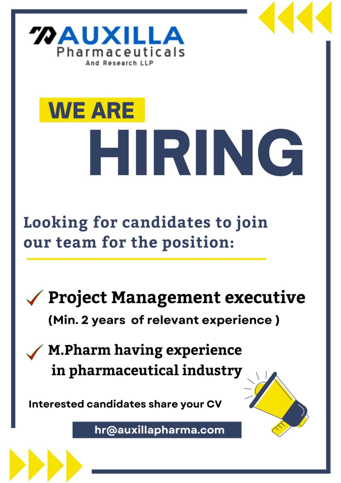 Job Available's for Auxilla Pharmaceuticals and Research LLP Job Vacancy for Project Management Executive