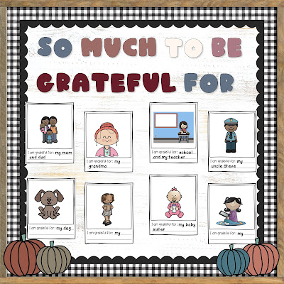 Gratitude bulletin board with writing prompts for November or Thanksgiving