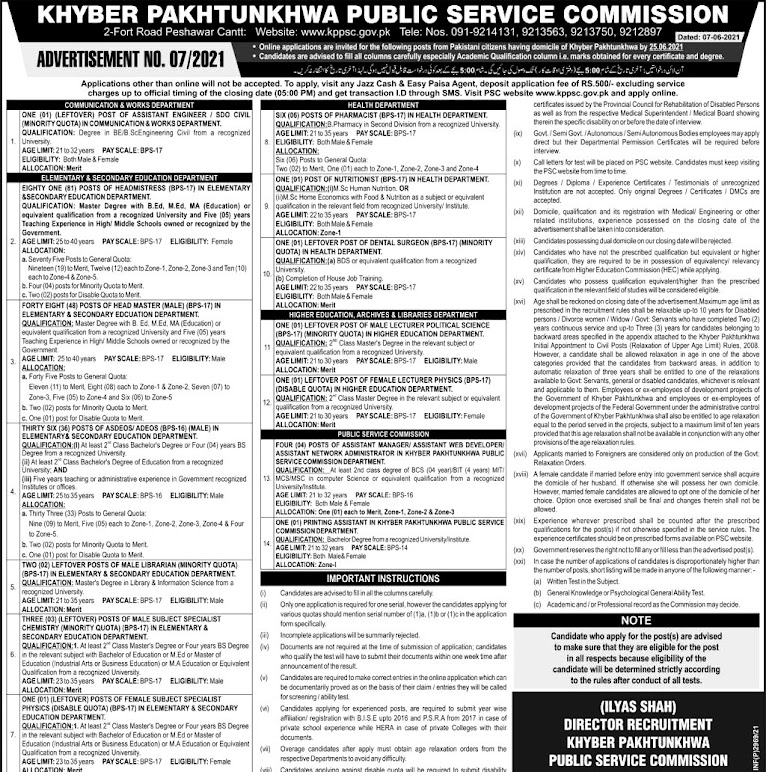 Latest Jobs in Khyber Pakhtunkhwa Public Service Commission KPPSC June 2021