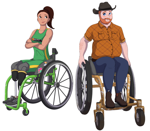 Two people are sitting in the same wheelchairs from the previous picture. In the left chair is  a muscular white woman with brown, straight hair and two prosthetic legs. She wears a green and gold basketball singlet with matching shorts which read "Basketball Australia" and she is sitting with her arms crossed. In the right chair is a fat white man with red hair ad a beard in a cowboy hat, plad shirt and blue jeans and dark brown boots. He sits with his hands on the wheels to hold the chair steady.
