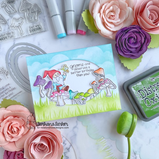 Birithday Gnome Card by Farhana Sarker | Gnome Garden Stamp Set, Fabulous Fungus Stamp Set, Clouds Stencil, Hills & Grass Stencil and Oval Frames Die Set by Newton's Nook Designs #newtonsnook #handmade