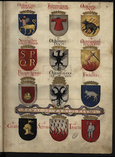 Fólio 3 – 4. Ob ferociam militum; 5. Triumphus non est sine sanguine; 6. Ob signum pacis; 7. Senatus Populusque Romanus; 8. Ob Imperii decus; 9. Ob animositatem Romanorum; 10. Regere Imperio populos, Romane, memento. Armas de vários reinos. 1. Os dous Estados da Igreja; 2. Frígia; 4. Cilícia; 5. Cítia; 6. Trácia.