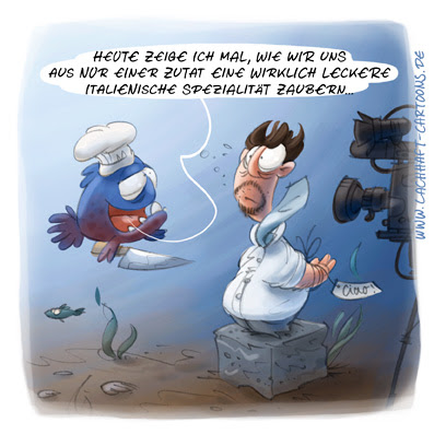 LACHHAFT Cartoon Piranhas Kochshow TV kochen Zutat italienisch Spezialität zaubern Mafia Zement versenkt Italien Cartoons Witze witzig witzige lustige Bildwitze Bilderwitze Comic Zeichnungen lustig Karikatur Karikaturen Illustrationen Michael Mantel Spaß schwarzer Humor