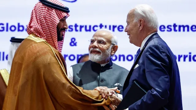 Cover Image Attribute: Prime Minister Narendra Modi (C), Saudi Arabia's Crown Prince and PM Mohammed bin Salman (L), and US President Joe Biden shake hands after unveiling the India – Middle East – Europe economic corridor project. / Source: AFP
