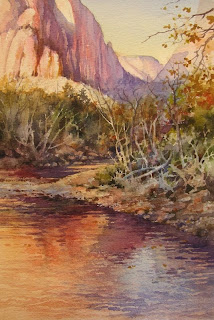 Roland Lee Watercolor painting of Virgin River in Zion National Park