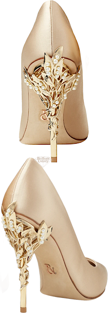 ♦Ralph & Russo gold satin Eden heels with pearls & gold leaves #ralphrusso #shoes #brilliantluxury