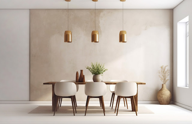 Dining room with modern styling and warm colors with brass pendant lights.