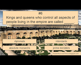 Kings and queens who control all aspects of people living in the empire are called _____. Answer choices include: diplomats, intendants, absolute monarchs, prime ministers