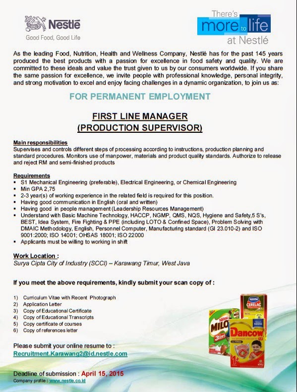 Lowongan Kerja S1 Teknik PT Nestle Indonesia Karawang 