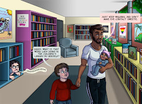 A dark-skinned father is walking with his light-skinned young son and holding his baby. They are in a children’s library full of brightly colored bookshelves and posters for “We Need Diverse Books Poster” and “Catch the Flesh Eating Reading Bacterium”. I’m hiding in one of the bookshelves like a gremlin, hissing. The boy asks his father “Daddy, what is that weird lady doing in the children’s library by herself?” The father, unconcerned, responds “Just keep walking and don’t make eye contact sweetie.” 