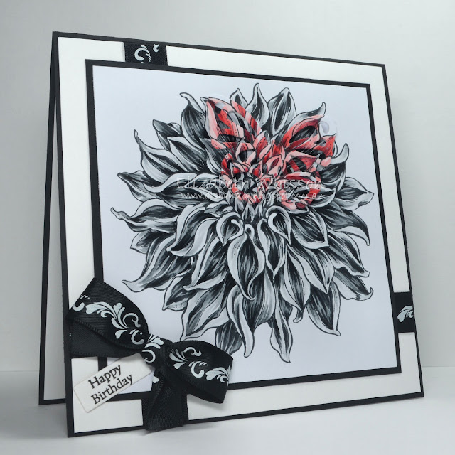 black and white, Elizabeth Whisson, Alshandra, butterfly, red, ribbon, copic, powerpoppy, dahlia, happy birthday