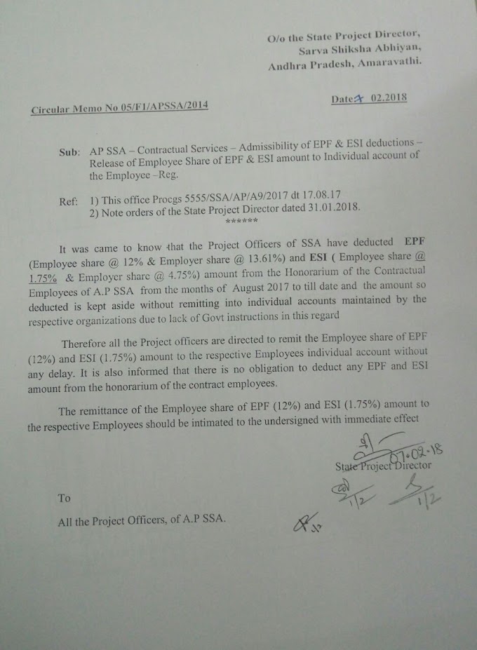 NO deduct any EPF, ESI amount from the Contractual Employees of SSA - Circular Memo From State Project Director